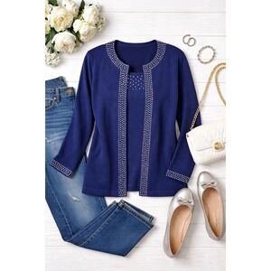 Quacker Factory Womens Royal Blue Rhinestone Twin Set‎ Cardigan Attached Tank M